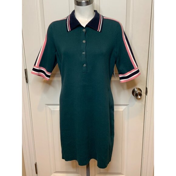 The Upside Green Knit Polo Dress W/ Blue Pink White Striped Collar Trim, Size 10 - Picture 1 of 7